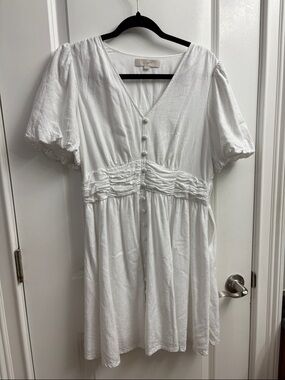 LOFT White V-Neck Button-Front Babydoll Mini Dress (8)